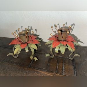 VINTAGE METAL POINSETTIA CANDLEHOLDERS